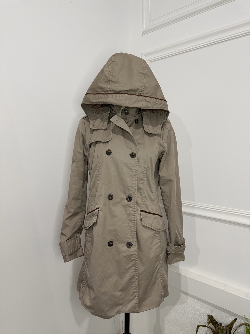 Zara Hooded Double-Breasted Trench Coat - Taupe